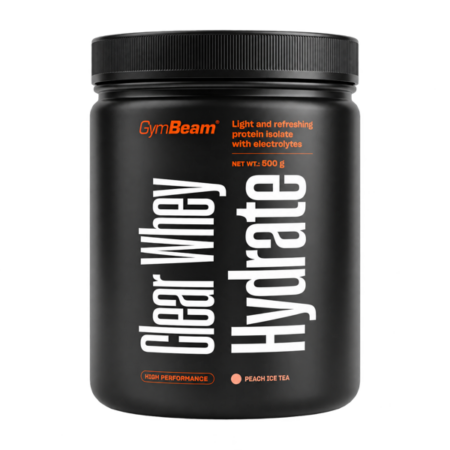 Freigestellte schwarze Dose GymBeam Clear Whey Hydrate, 500 g, Sorte Pfirsich Eistee